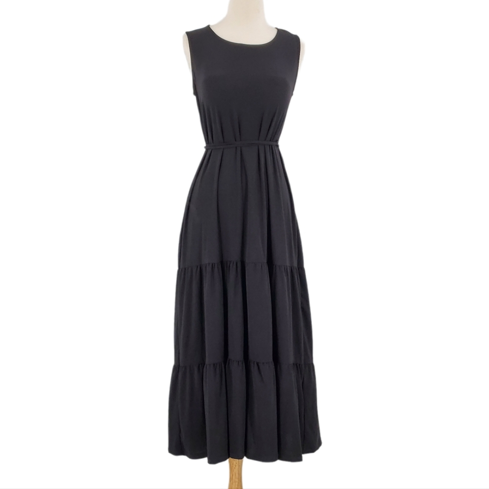 Nik and Nash Black Sleeveless Tiered Belted Stretch Jersey Maxi Dress Small 4-6